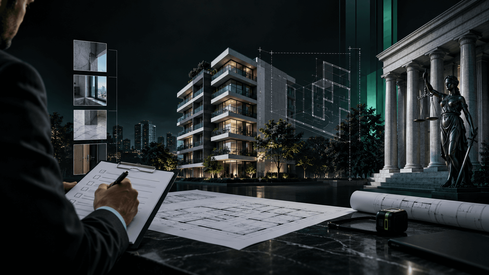 Imagem gerada por IA: profissional fictício revisando e assinando um laudo, com edifícios ao fundo