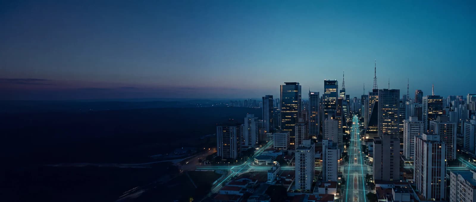 Ilustração de cidade ao anoitecer vista do alto, com avenidas iluminadas