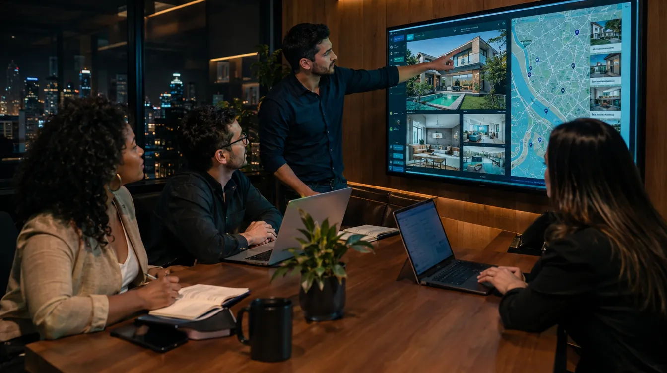Imagem gerada por IA: equipe fictícia de imobiliária analisando fotos de imóveis e um mapa num telão