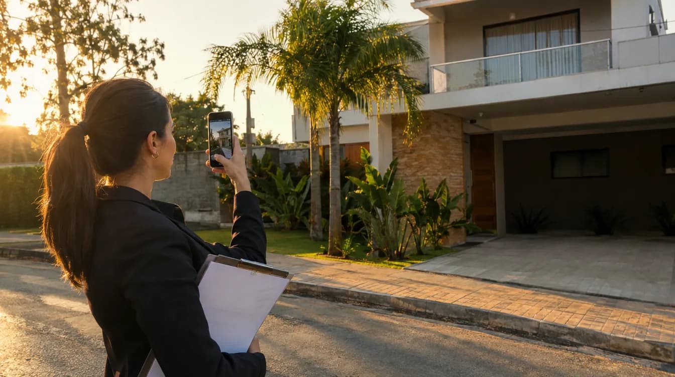 Imagem gerada por IA: avaliadora fictícia fotografando a fachada de uma casa durante a vistoria