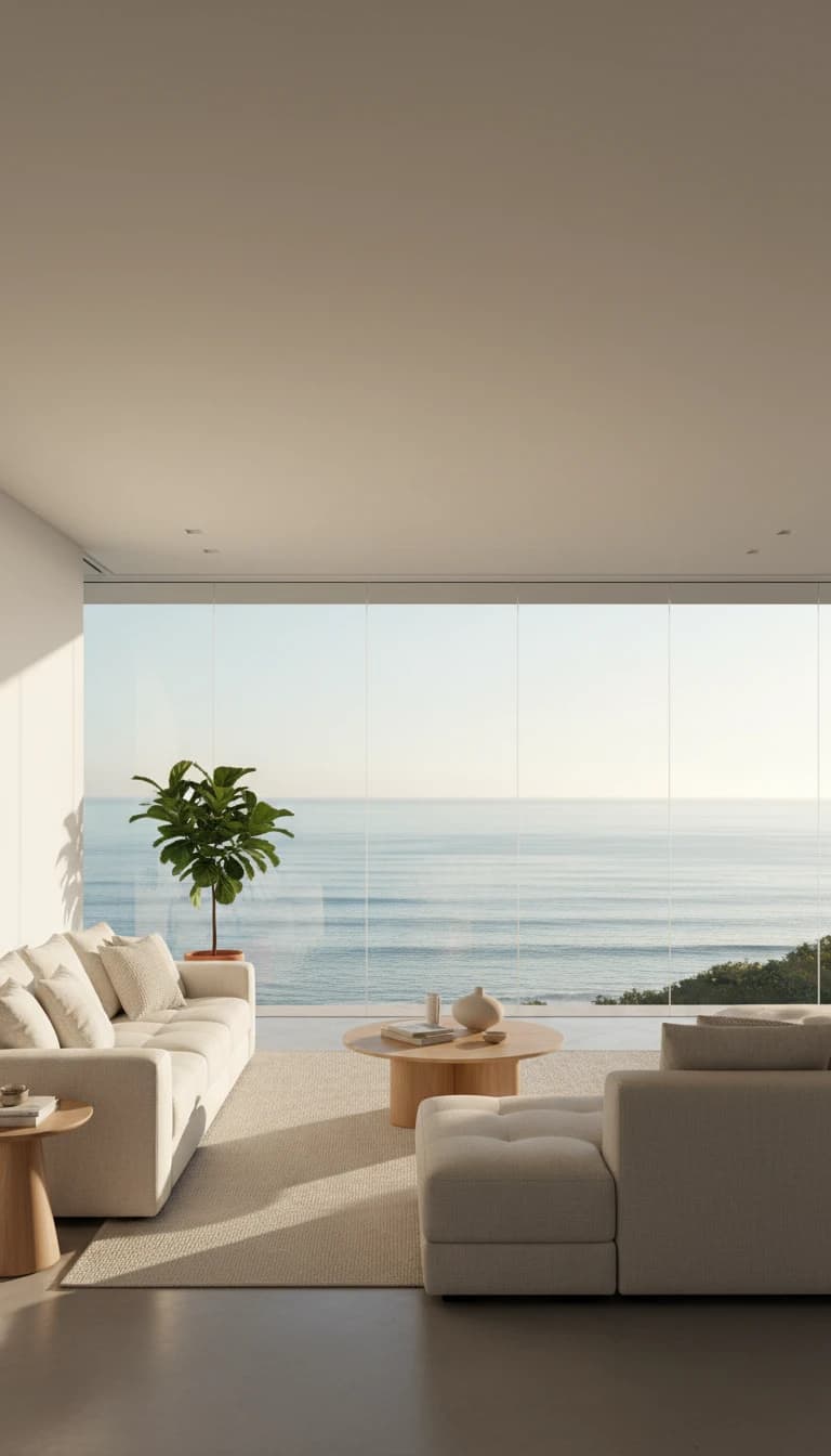 Ilustração de sala de apartamento com vista para o mar
